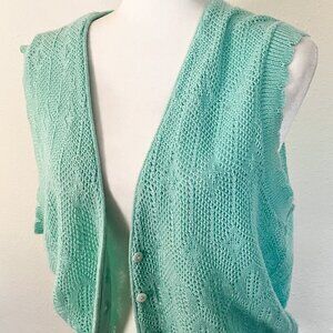 Vintage 80s Sweater Vest Light Teal Green Size Medium Cottagecore Granny Button
